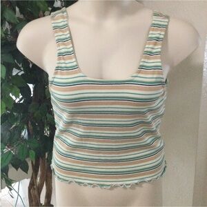 Rue 21 cropped tank top Woman’s Large cream tan white green black ruffle hem